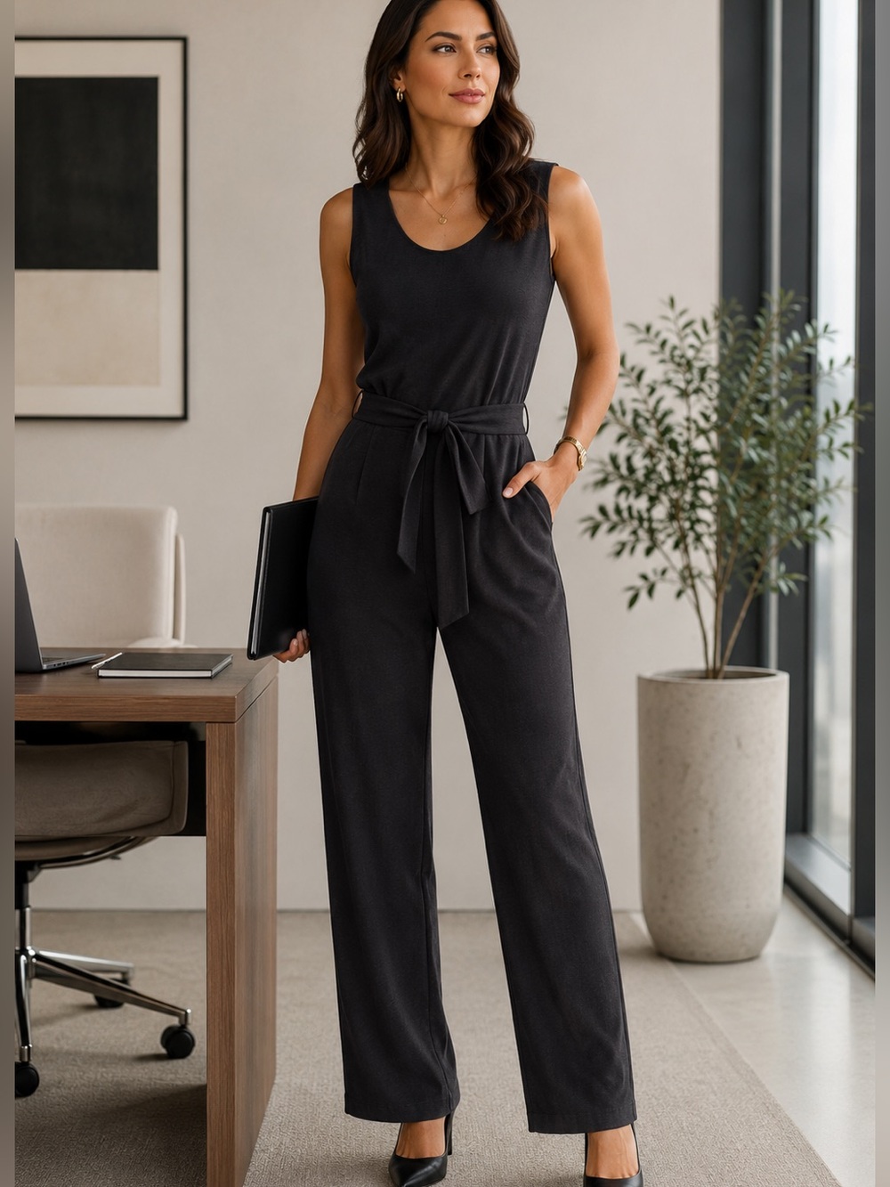 Tahari Black Sleeveless Minimalist Design Scoop Neck Front Tie Jumpsuit Sz 10